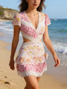 Women's Summer Fashion Creative Lace Patchwork Midi Dress, Backless Floral Print, Tiered Ruffle Hem, Beachwear, Cool and Comfortable