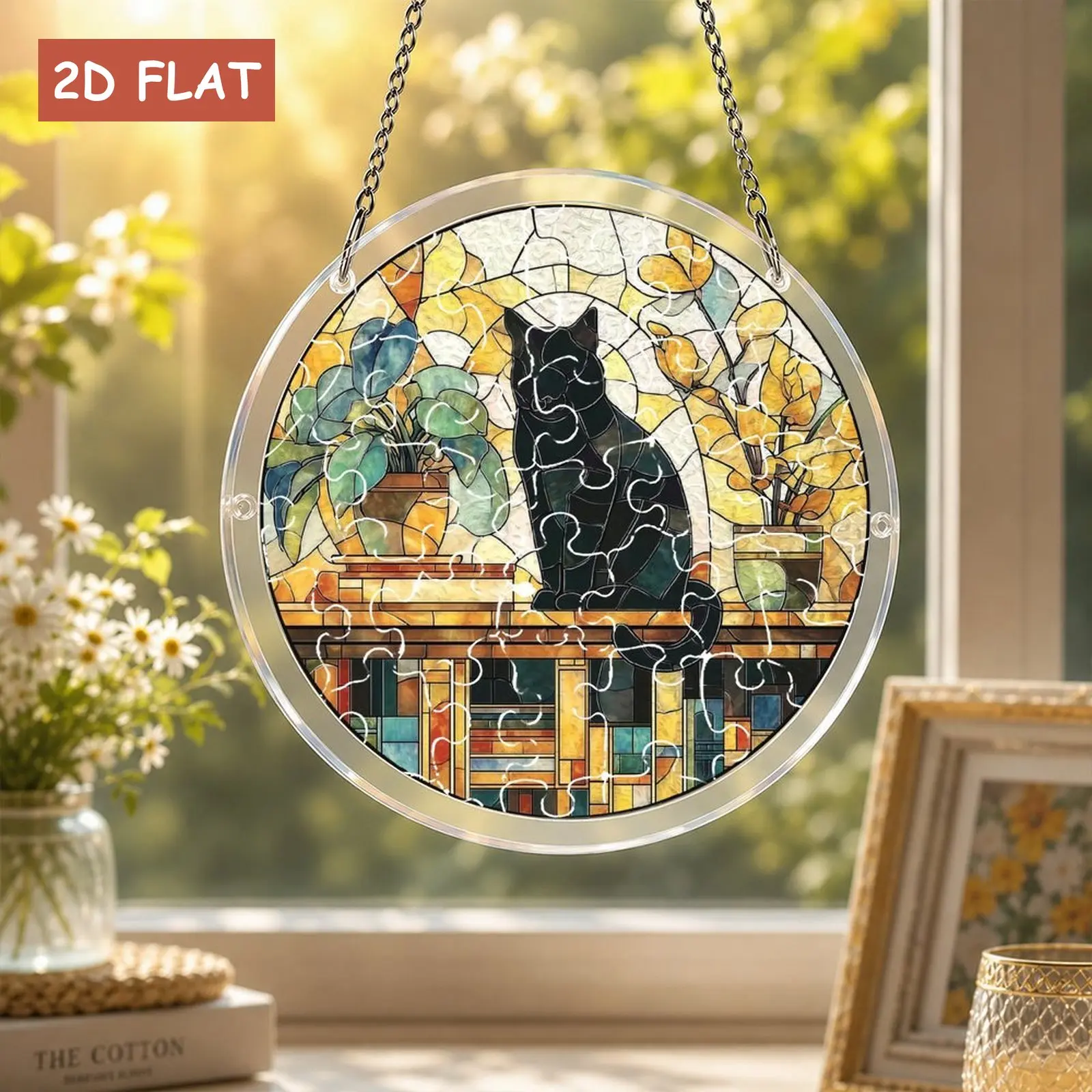 Cozy Library Black Cat Acrylic Suncatcher Puzzle, Colorful SunCatcher Window Ornament, DIY Acrylic Suncatcher Jigsaw Puzzle Kit, Whimsical Birthday Christmas Gift For Bookworms Writers Friends 7.87 inch