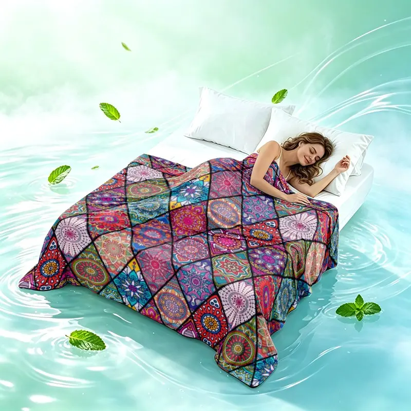 Boho Print Dual Layer Throw Blanket, Ultra Soft Cool Breathable Lightweight Summer Air Conditioning Blanket, Multi-Scene Use Nap Blanket