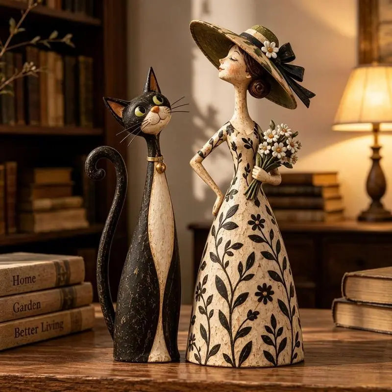 New retro style black cat figurine set, decorative figurines, perfect for rustic home decor, Christmas, Thanksgiving, and Easter decorations
