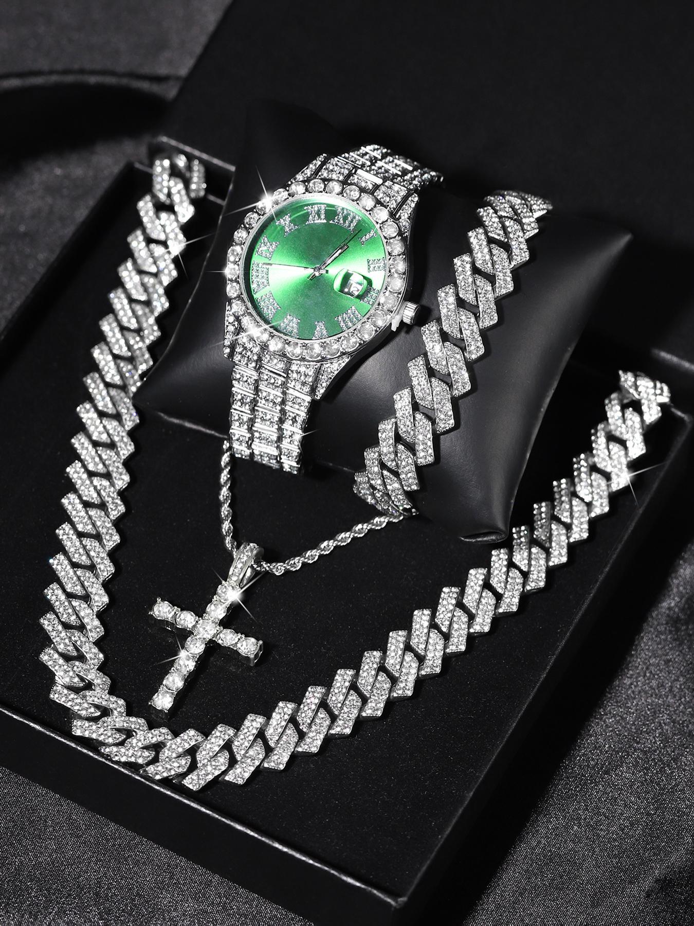 Men's Punk Style Rhinestone Decor Watch & Bracelet & Adjustable Cross Charm Necklace & Cuban Necklace, Trendy Jewelry Set, Exquisite As Gift with Box