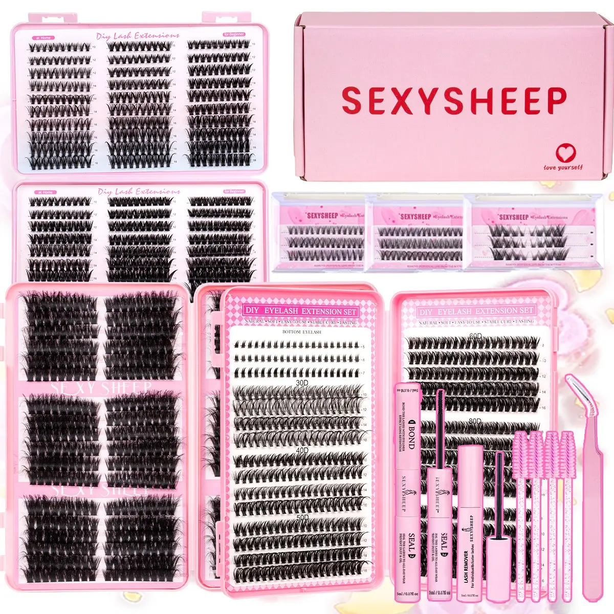 10 Styles False Eyelash Set, Mixed Length Single Fiber Lashes, Self-Transplant Eyelash Extension Kit with Tweezers, Glue, Remover, Professional Makeup Accessories for Women