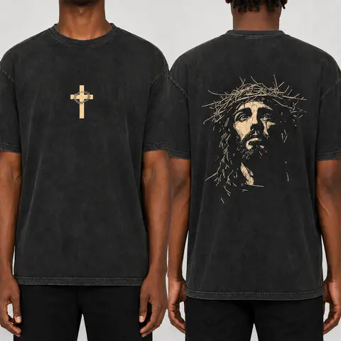 Hoodie Printed Cross on Front and Jesus Wearing Crown of Thorns on Back