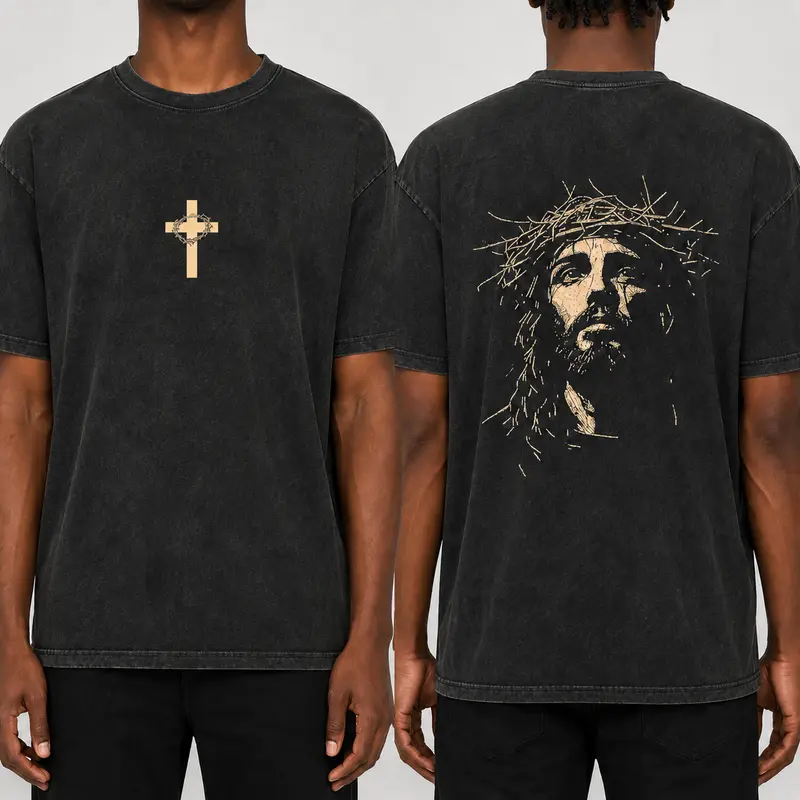 Hoodie Printed Cross on Front and Jesus Wearing Crown of Thorns on Back