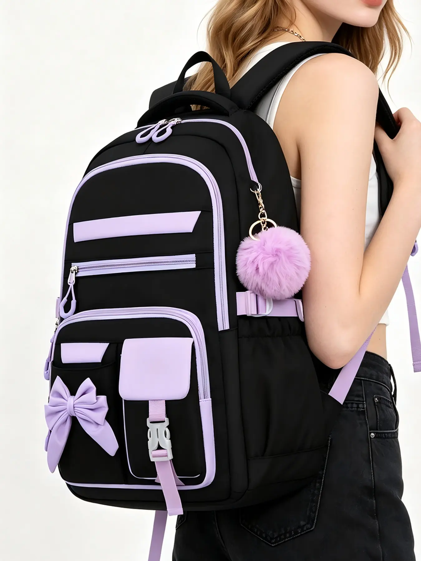 1 Piece Contrast Trim Daily Backpack Large Bow Ornament Fluffy Pom Pom Pendant Multi-Layer Zipper Compartments Padded Adjustable Shoulder Straps Large Storage Backpack for Campus Study Daily Commute Weekend Outdoor Trip