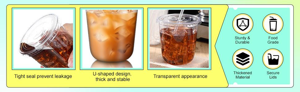 PLL 50 Sets Clear Plastic Cups with Lids and Straws, Disposable Iced Coffee Cups Drinking PET for Cold Drinks, Juice, Smoothie, Coffee Shops, Party, Christmas(Pink,16 oz)