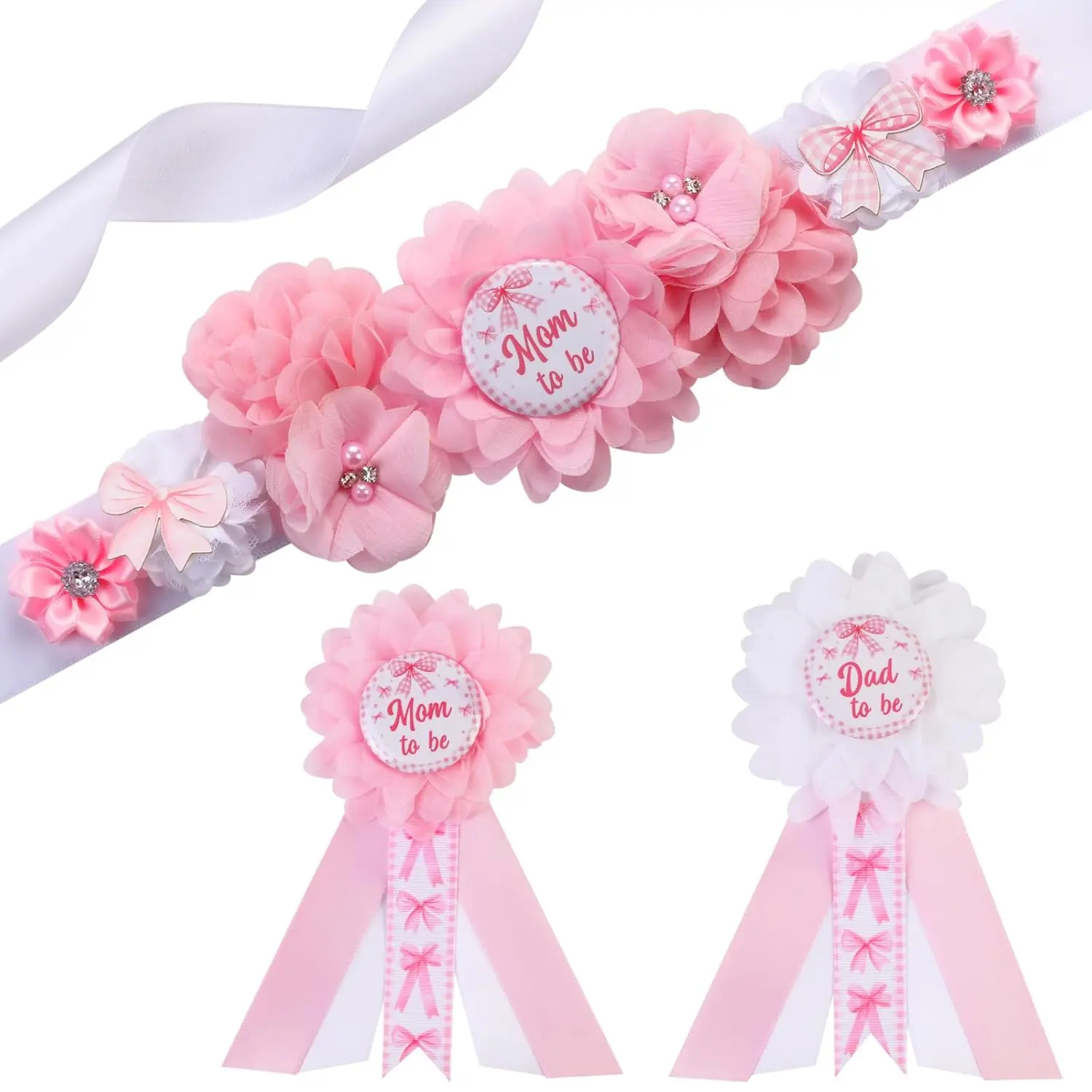 Pink Bow Gender Reveal Maternity Sash Kit, Pink Baby Shower Belly Belt and Mom to Be Dad to Be Corsage Pins, New Parent Pregnancy Announcement Photo Props Party Supplies