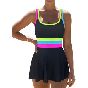 Women One Piece Swimsuit 2026 Tummy Control Bathing Suit Neon Modest Swim Dress with Skirt Full Coverage
