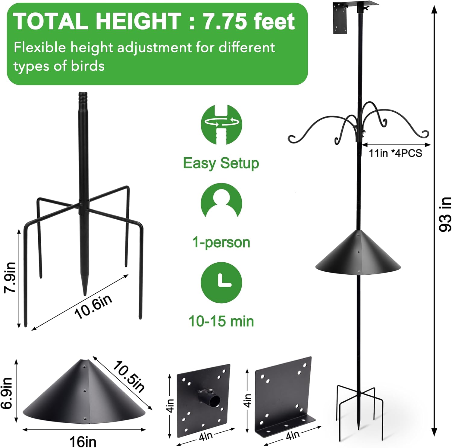 Bird Feeder Pole,Bird House Pole Mount Kit with Squirrel Proof Baffle for Bird Watching Buddy Pole,93 Inch Adjustable Mounting Support Stand for Outdoors