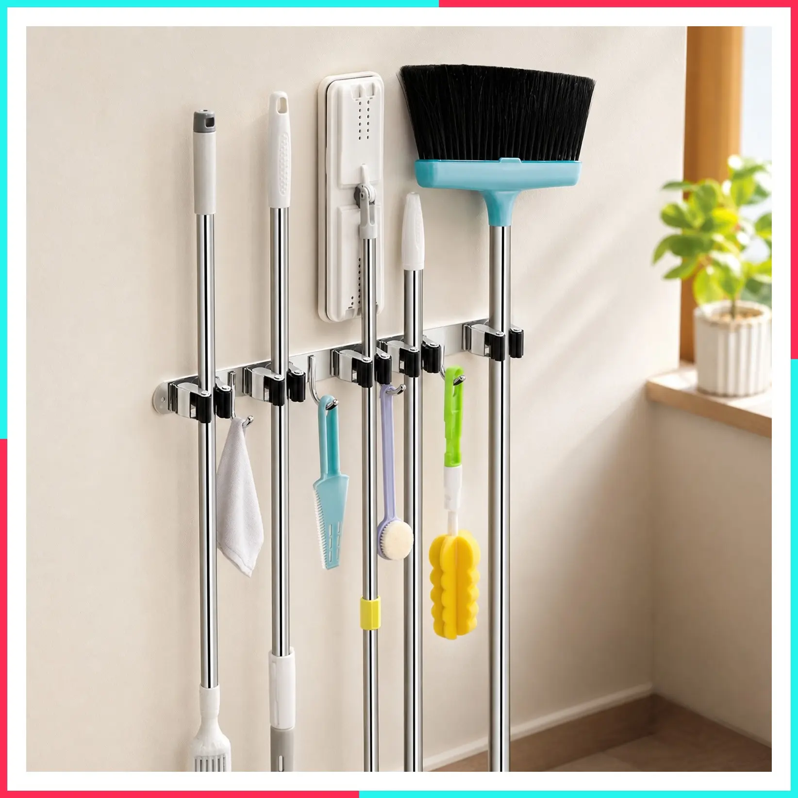 Broom Holder Wall Mount, 5 Racks 4 Hooks Heavy Duty Mop Organizer