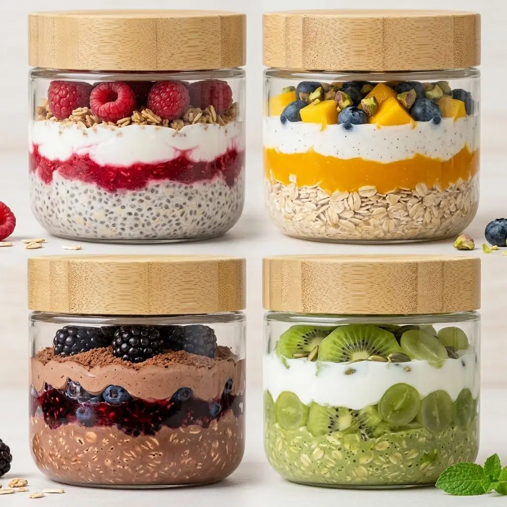 4 Pack 10oz Overnight Oats Glass Jars, Wide Mouth Food Storage Containers with Bamboo Airtight Lids, Reusable Mason Salad Jars, Ideal for Yogurt, Chia Pudding, Snacks, Spices and Sugar Storage for Daily Meal Prep, Seasoning Jars Containers