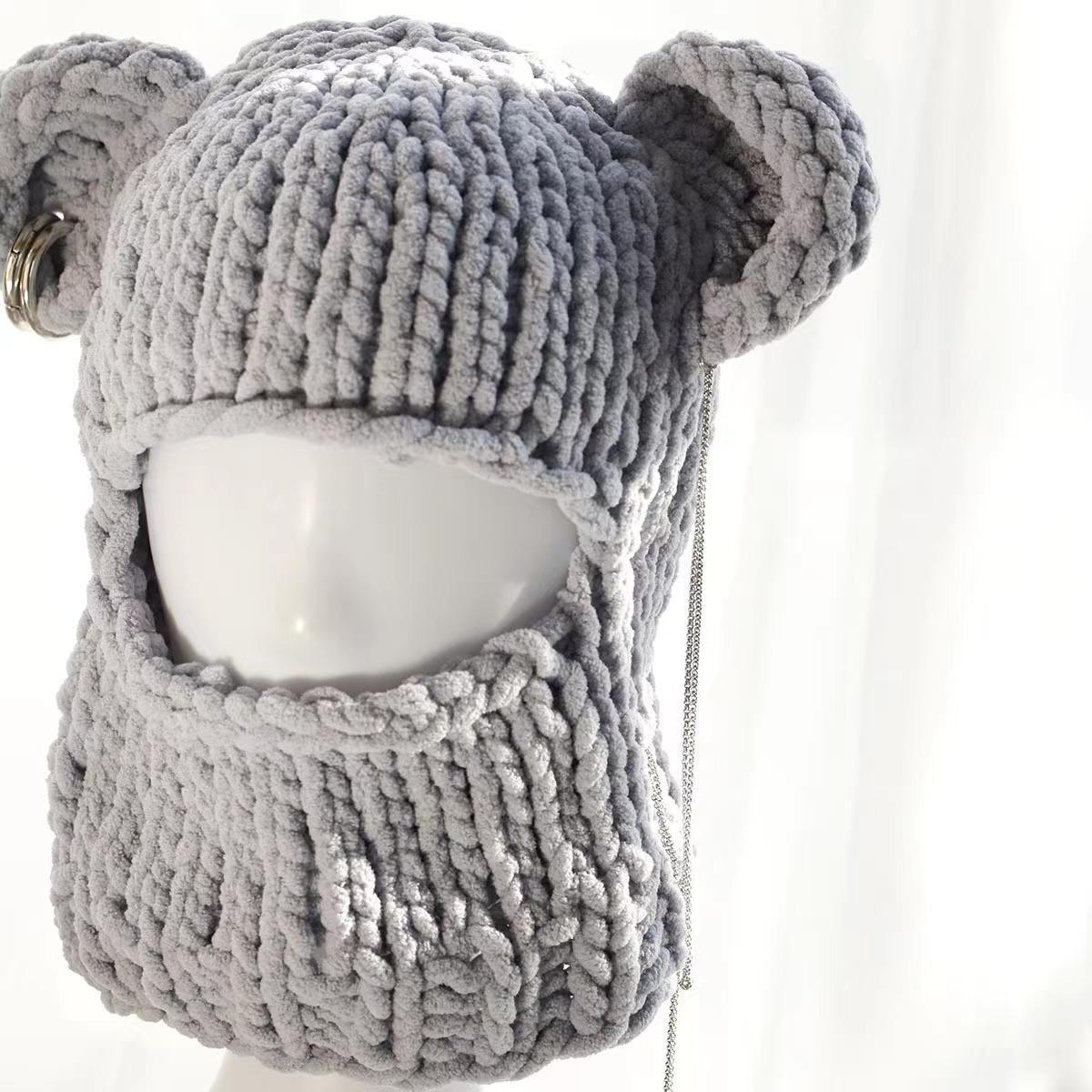 Cozy Bear Ear Beanie Hat for Women & Men - Warm Knitted Winter Cap with Fuzzy Ears, Unisex Street Fashion Balaclava Style Hip Hop Hat