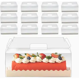 20 Pcs 11 Inch Clear Roll Cake Gable Boxes with Handle & Cake Boards Transparent Plastic Gift Boxes Easy Carrying Pastry Containers for Bakery Christmas Wedding Size 11" x 4.3" x 4"