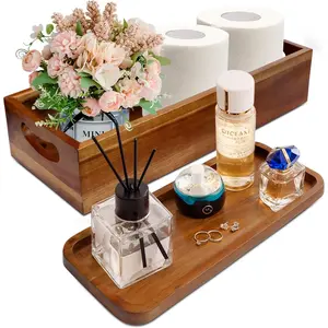 Handmade Toilet Tank Basket Topper & Vanity Tray Set of Natural Acacia Wood, Created by Skilled Artisans, Smooth, Durable, Attractive Decor for Bathroom, Kitchen, Home, Spa