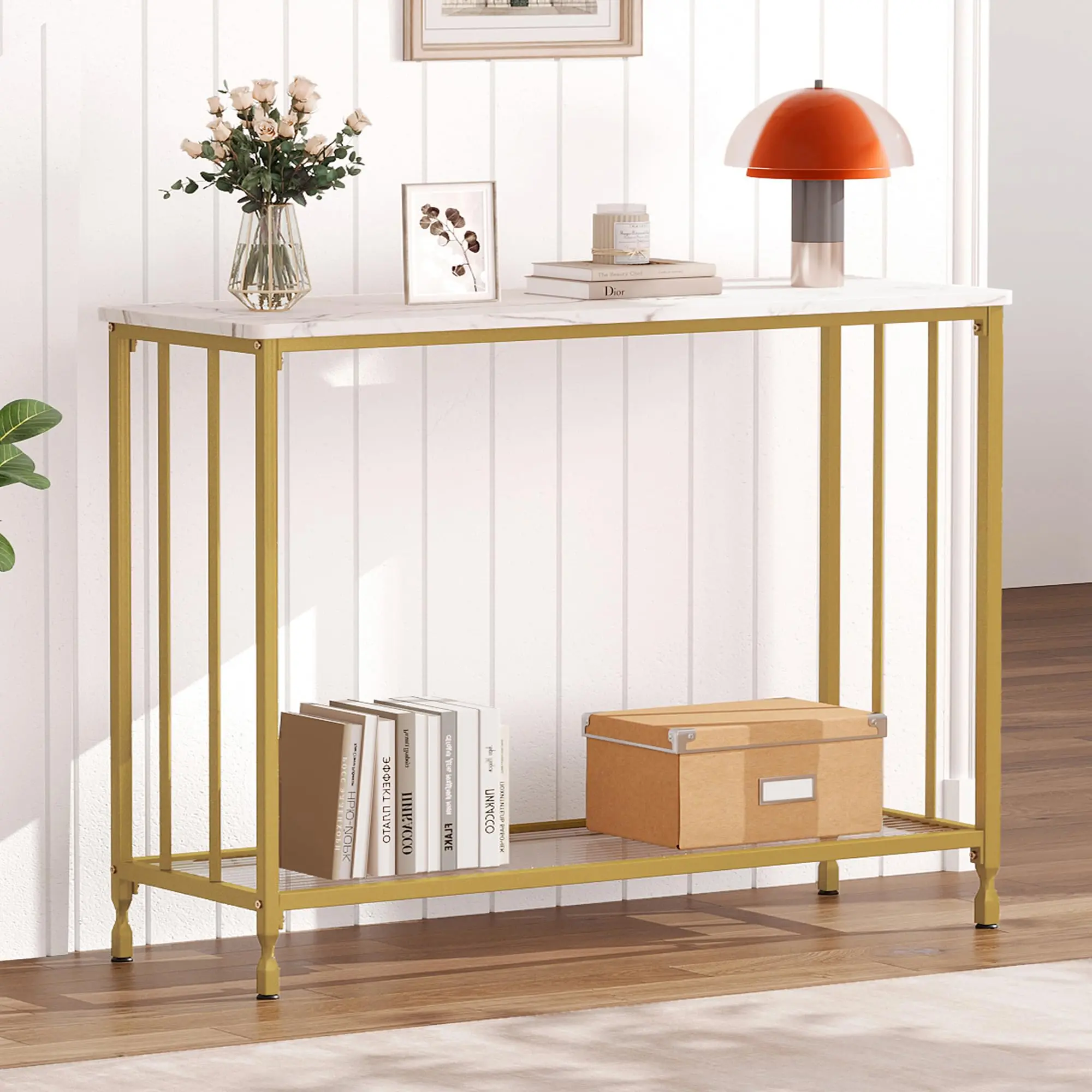 GARVEE41.5" Narrow Console Table with Glass Shelf and Metal Frame, Small Entryway and Sofa Table, Modern Gold Finish, Perfect for Narrow Spaces and Behind Couch