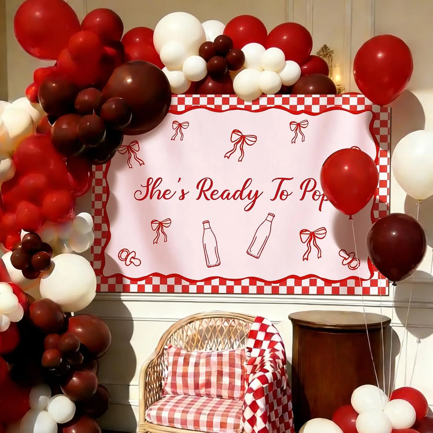 Batiyeer 181-Pc Baby Shower Decorations Set, 39x59in Photo Backdrop Banner, 180 Red & White Hanging Balloon Arch Kit for Birthday Party Ornaments & Supplies, Banners