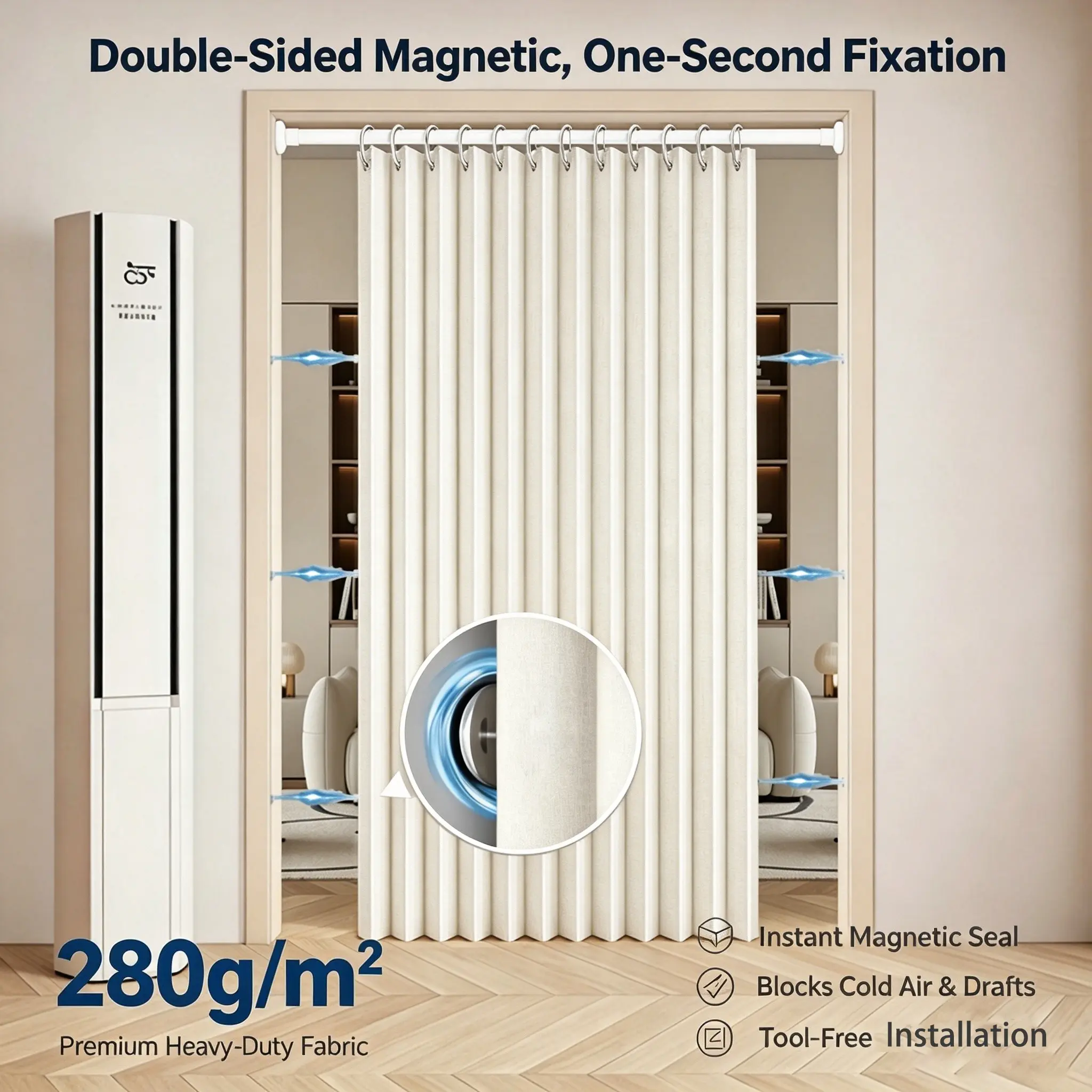 High-Quality Foldable Fabric Door Curtain, 280gsm Waterproof, Insulating, Light Blocking, Dustproof, Multi-Use, Includes Hooks and Magnets