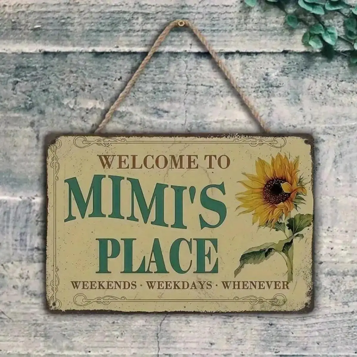 1 x Vintage Floral Welcome Metal Tin Sign, 20*30cm(8*12inch) Beige Sunflower Flowers Wall Decor, Warm Rustic Easy-Hang Home Outdoors Garden Porch Plaque Artwork (Mimi’s Place), Farmhouse