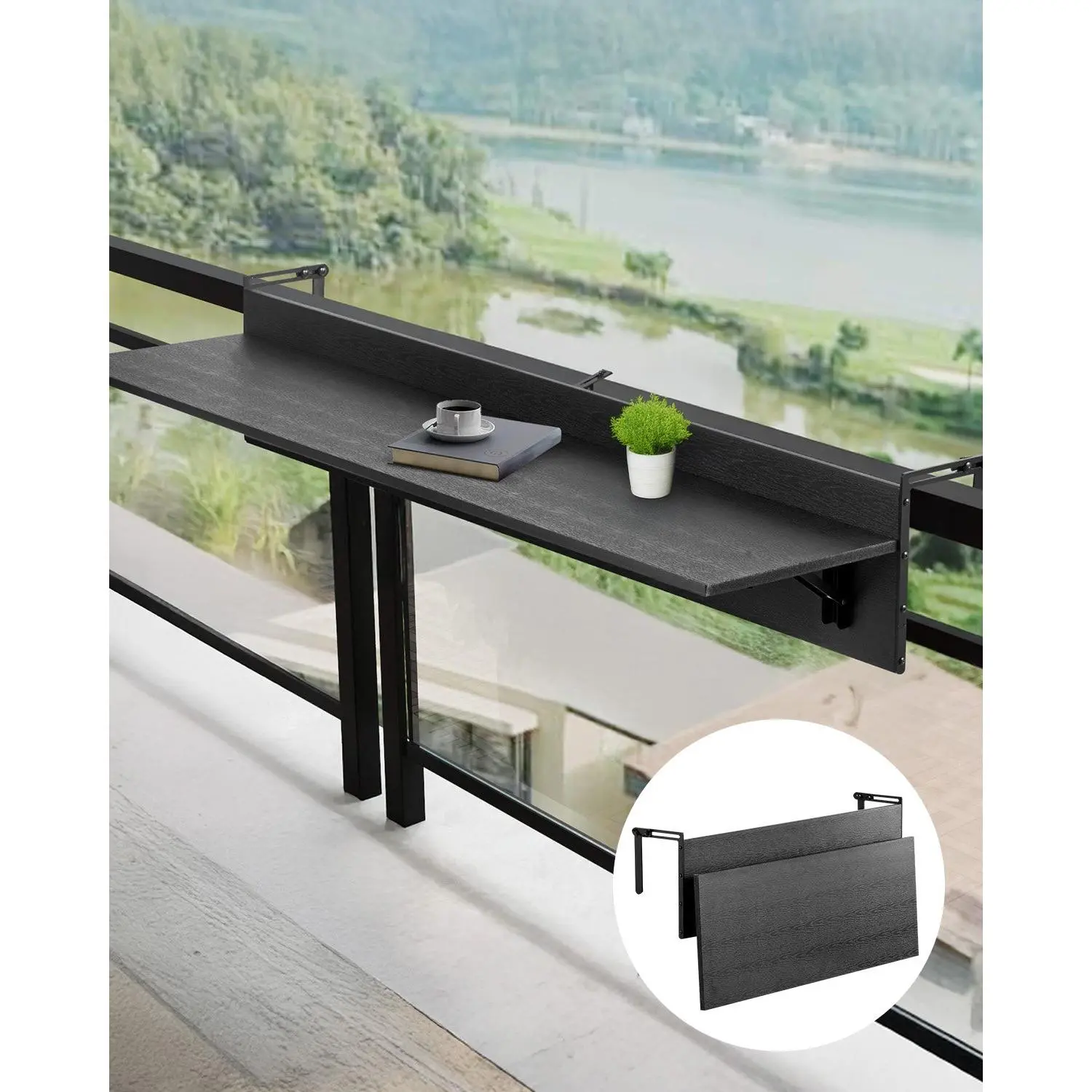 VEVOR Balcony Hanging Table, 12x 48 in Folding Balcony Railing Table, Outdoor Balcony Bar Table for Railings, 50 lbs Loading, Fit Railing from 1" to 4.3", Serving Table for Patio Deck
