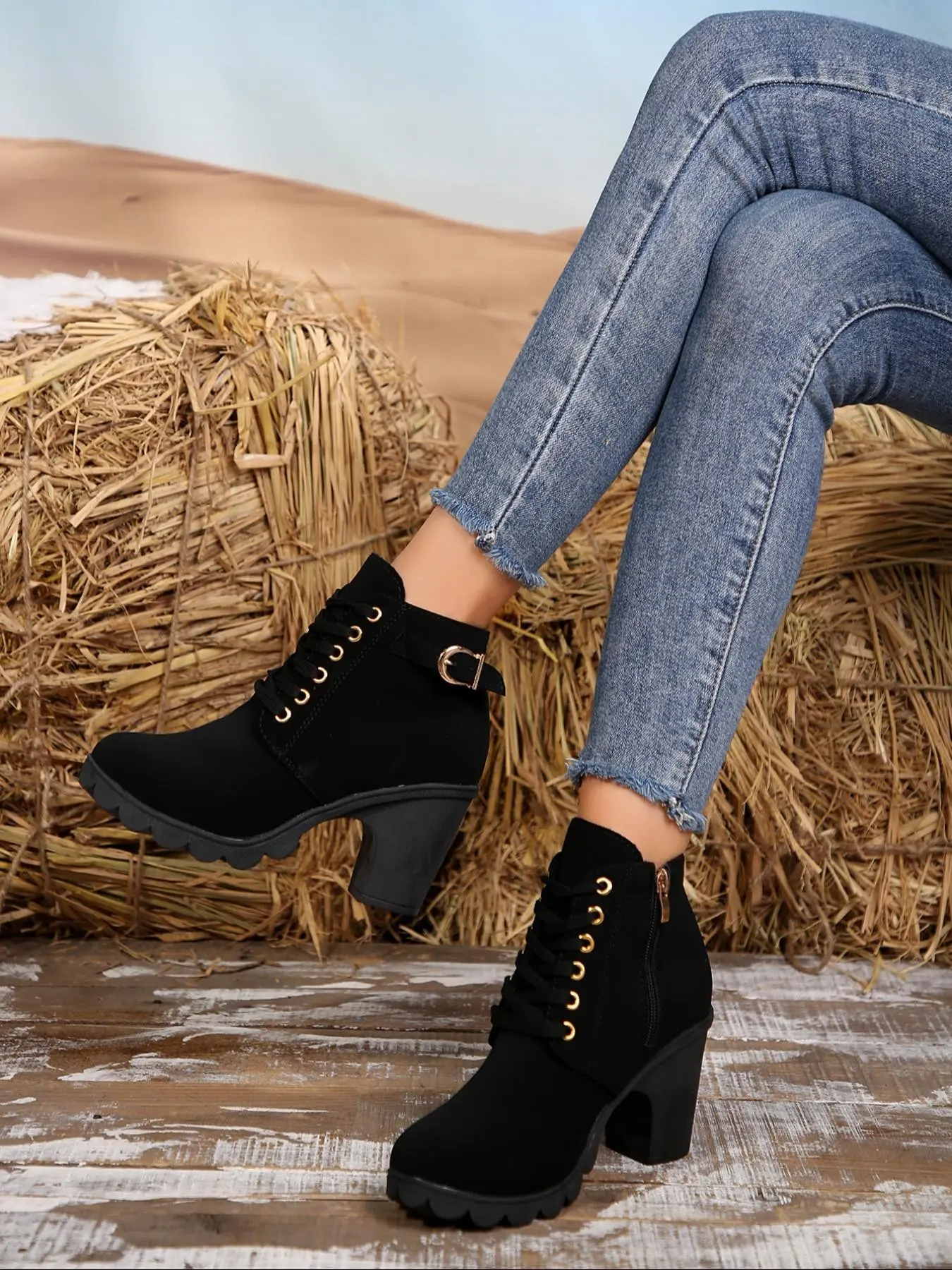 Velvet Chunky Heel Short Boots for Women, Fall Winter New Arrival, Versatile Round Toe Side Zip Rubber High Heeled Fashion Boots