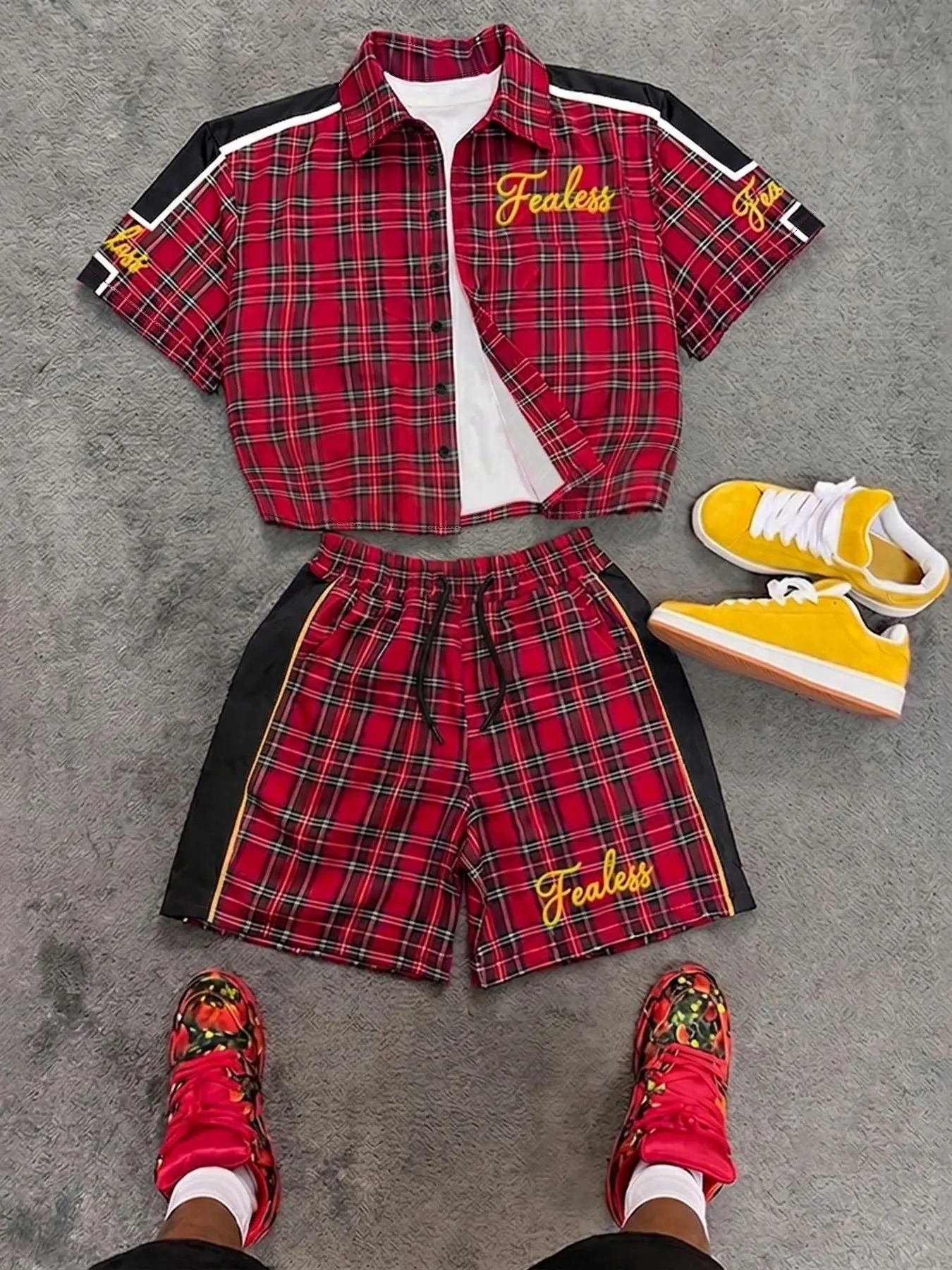 Men's Summer Cropped Lapel Short Sleeve Shirt And Drawstring Short Two Piece Set, Fearless Cursive Letter Matching Chest Front Print, Yellow Plaid Black Side Stripe Coordinated Full Print Body, Retro Hip Hop Two Piece Urban Daily Casual Suit