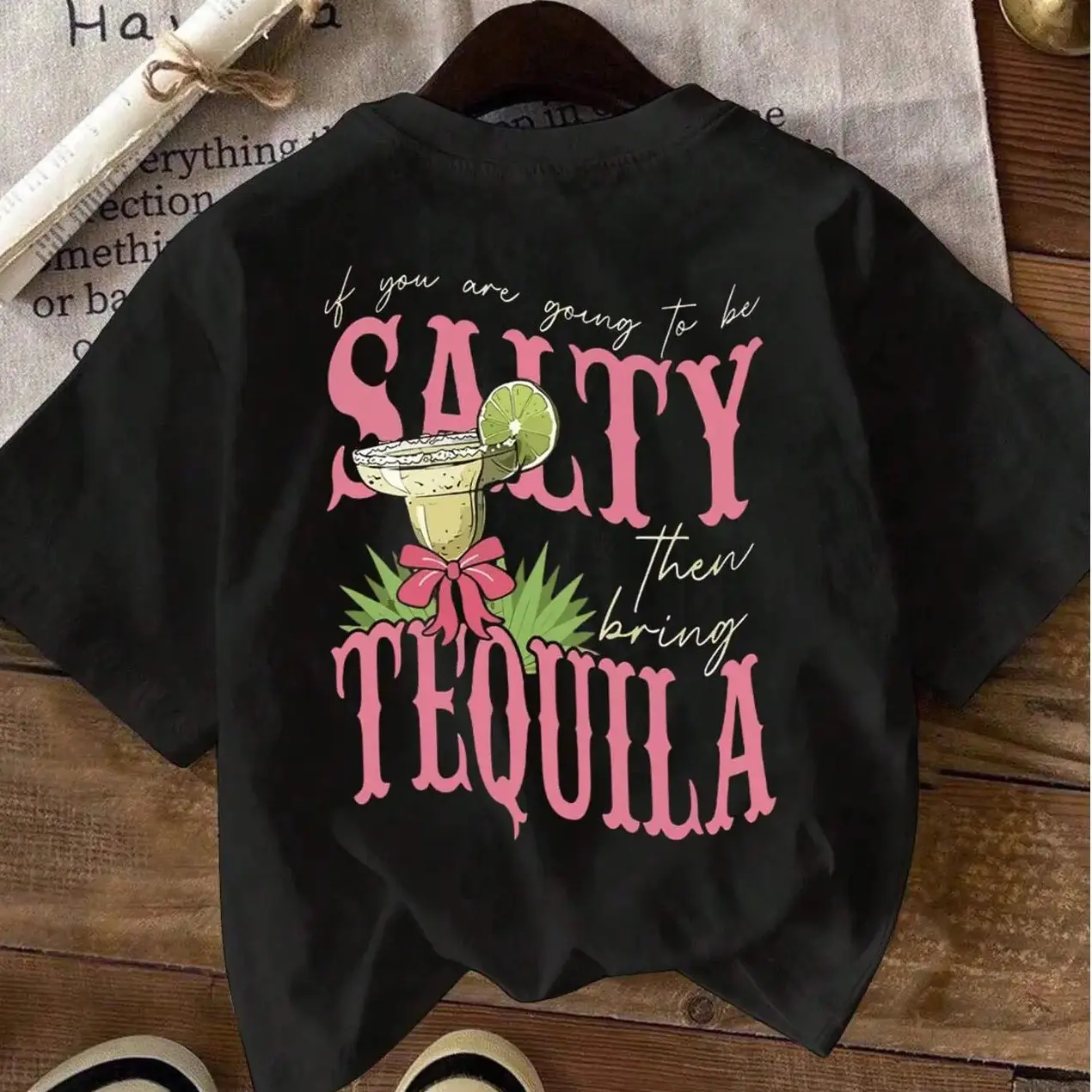 Women's "SALTY TEQUILA" Letter Print Round Neck Tee, Casual Short Sleeve T-shirt for Daily Wear, Ladies Sleepwear for All Seasons, Top