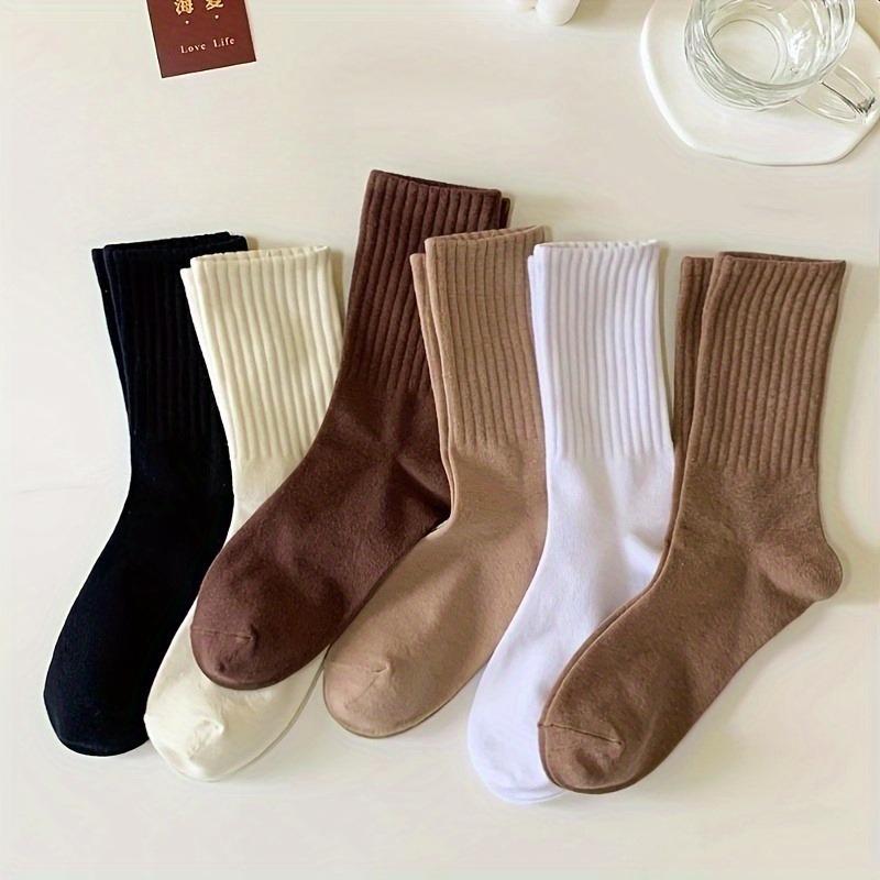5/6 Pairs of Breathable Mixed Color Pile Socks Sweet Long Socks Suitable Unisex Mid Length Socks Essential for Home Use Fashion Womenswear Knitted Basic Striped Solid Polychrome-6Pairs