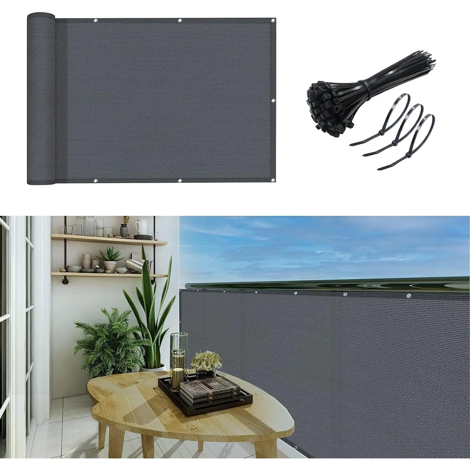 3'x10'Balcony  Screen Cover Fence Cover UV Protection Weatherproof Windscreen Heavy Duty for Patio, Backyard,Dark Grey