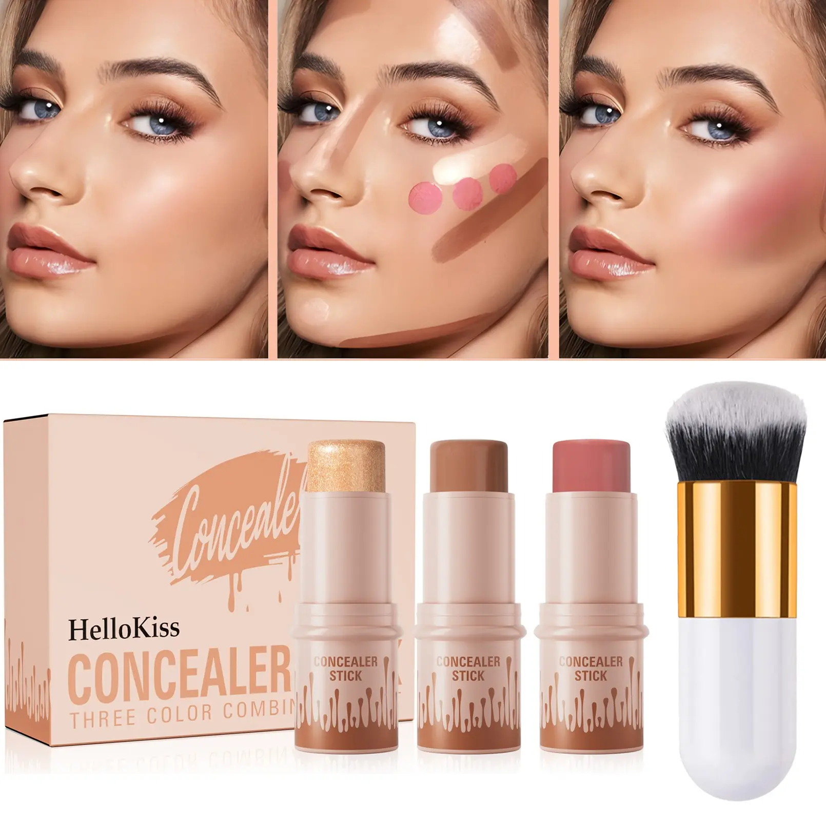 4pcs Contour Stick Kit, Including 3pcs Cream Contour Set with 1 Brush for a Flawless Look,  Blush Stick, Highlighter Stick, Bronzer Stick, Makeup Non-Greasy Waterproof, Daily Makeup, Long-lasting, Suitable gift giving for Halloween and Christmas