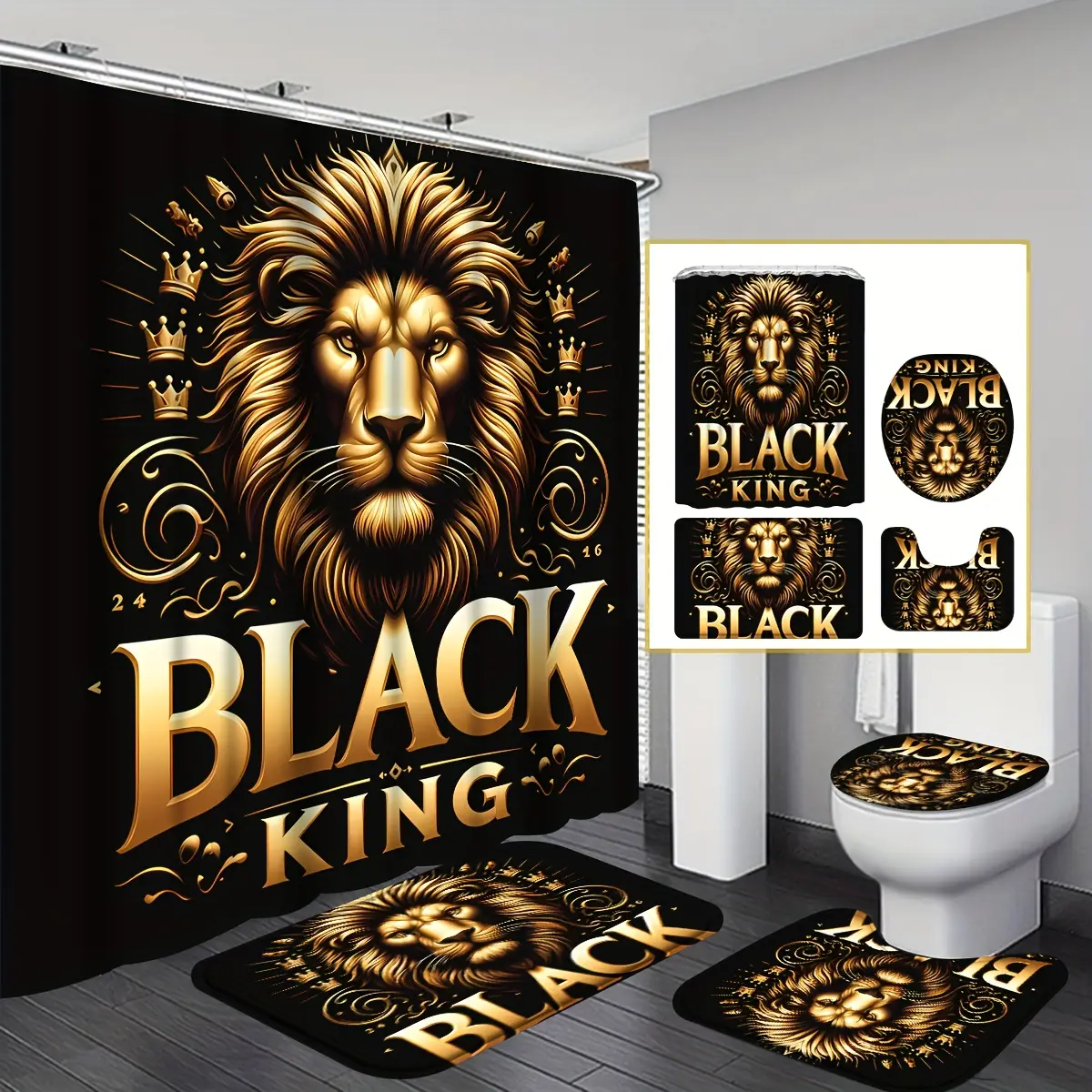 4-Piece lion pattern bathroom curtain set, stylish decorative printed shower curtain set with carpet, abstract modern shower curtain set with 12 hooks, U-shaped bath mat and toilet cover, home bathroom decoration and accessories