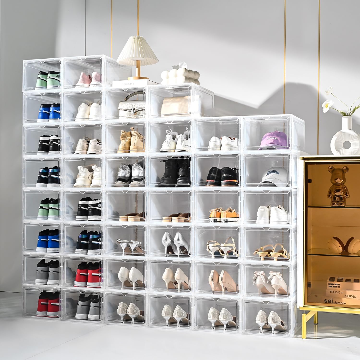 10 Pack Large Shoe Boxes Clear Plastic Stackable,Drop Front Shoe Box with Clear Door, Shoe Containers For Sneaker Display,Fit up to  Size12 (clear, 10 pack)