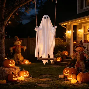 Halloween Outdoor Decoration, Cute Ghost Decor, Hanging Ghost Swing with Remote Control Light String, Suitable for Trees, Porch, Courtyard, Garden, Lawn