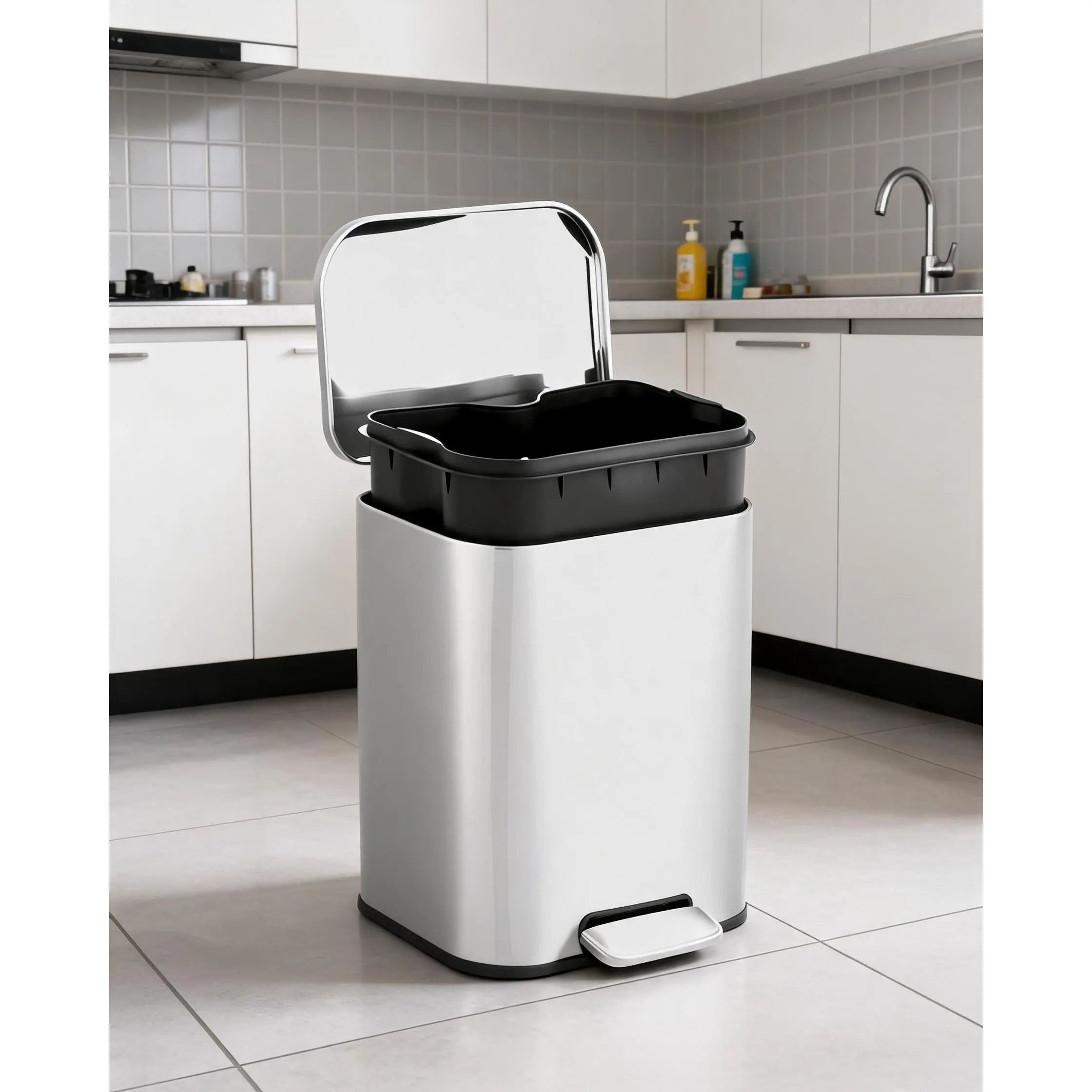 13 Gallon Stainless Steel Step Trash Can, 50L Kitchen Waste Bin with Soft-Close Lid, Removable Inner Bucket, Rust-Resistant Silver Finish