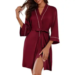 Women Kimono Robes Knee Length  Bathrobe Lightweight Soft Sleepwear V-neck Casual Ladies LoungewearGift