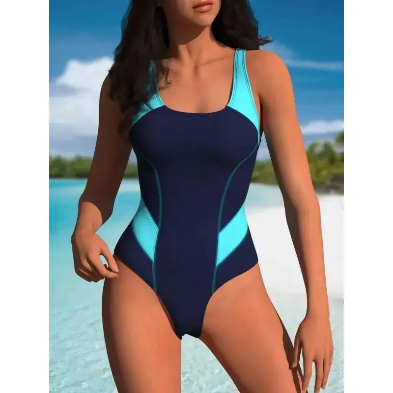 Women's 2026 Summer Navy Blue Color Block Sporty Style 1-Piece Swimsuit, Tummy Control Shaping Full Coverage Swimwear, Stretchable Elastane Machine Washable for Water Sports - SummerVibes, Swimsuits, Slimming Fit, Synthetics, Trending Swimsuits 2026, Swim