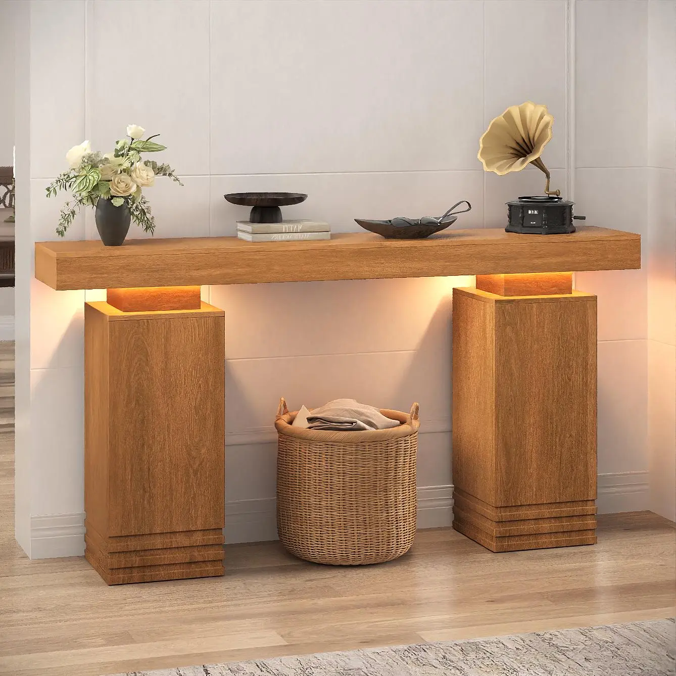 SIKAIC 63-Inch Rectangle LED Console Table with Led Lights - Midcentury Modern Walnut Finish Engineered Wood Entryway Table, 3 Color Temperatures & App Control, Walnut Brown Wooden Top Indoor Furniture