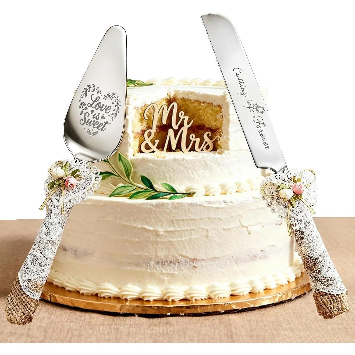 Stainless Steel Wedding Cake Knife and Server Set - 10.83in Serrated Knife, 9.84in Server with Rustic Lace Burlap Handles, Bride & Groom Anniversary Gift Cake Tools (Silver)