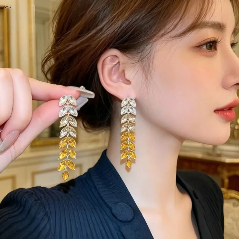 4 Colors Gradient Leaf Tassel Drop Earrings Gold Plated Marquise Cut Cubic Zirconia Long Dangle Earrings Women Wedding Evening Party Luxury Fashion Jewelry Gift,Acrylic,Personalized