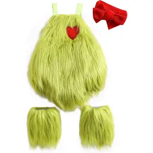 Christmas Baby Girl Outfit Infant Furry Sleeveless Romper Headband Leg Warmer Green Monster Xmas Cosplay Costume