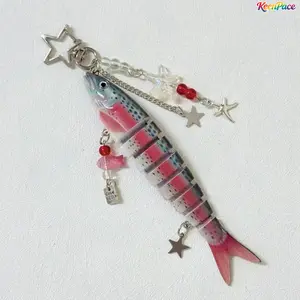 Novelty Star & Fish Keychain, Jointed Realistic Fish Lure Keyring with Beaded Charm, Kawaii Good Luck Fish Pendant, Cute Trinket Decor for Bags, Backpacks & Daily Key Accessories