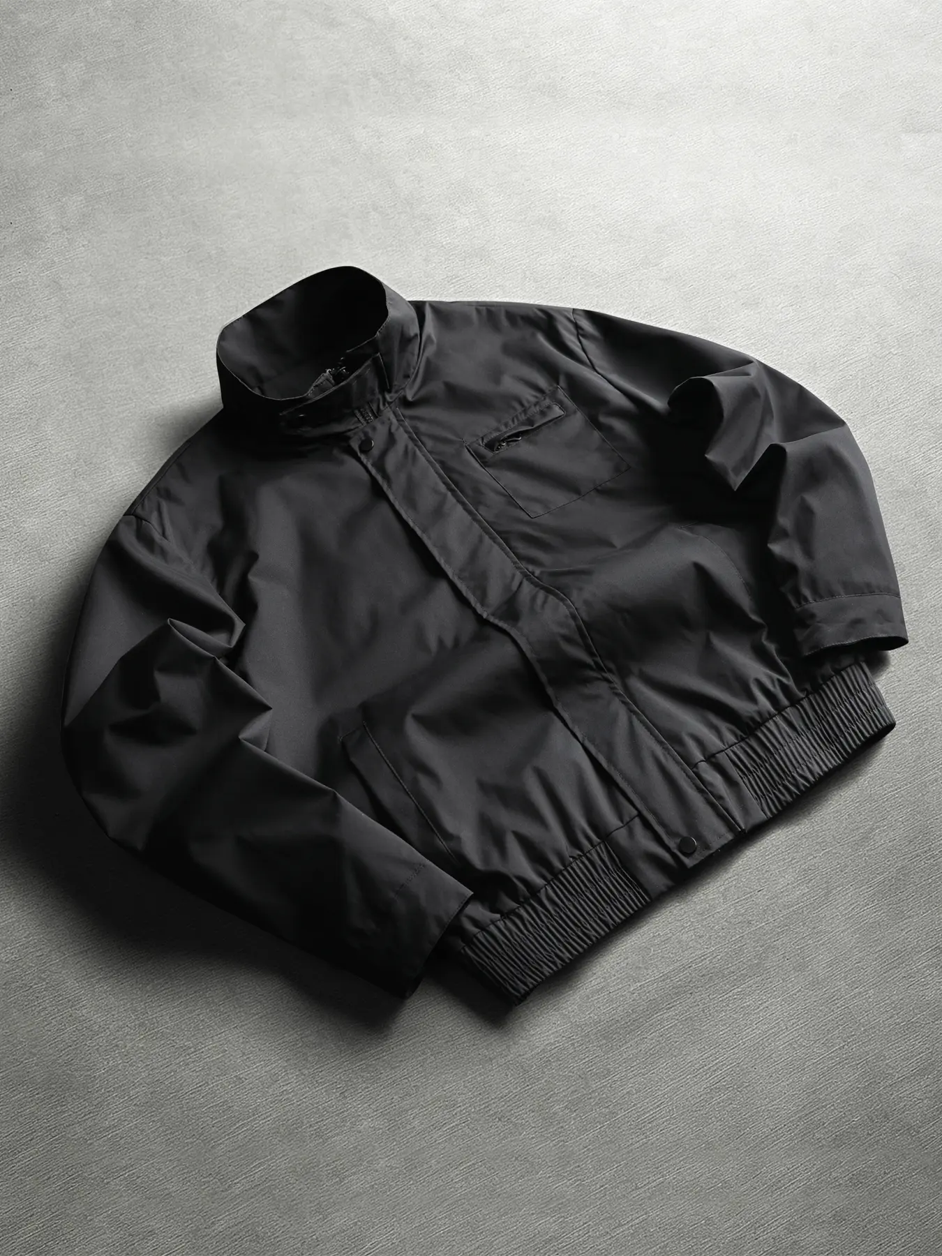 Men's Solid Stand Collar Harrington Jacket, Short Workwear Windbreaker, Elastic Hem, Casual Fitted Long Sleeve Zipper Outerwear for Fall & Winter