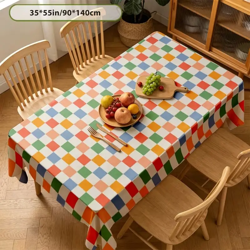 2D Flat Party Tablecloth, Rectangular Vintage Plaid, Multi-Color Patchwork, Durable Polyester, Ideal for Festive Decorations