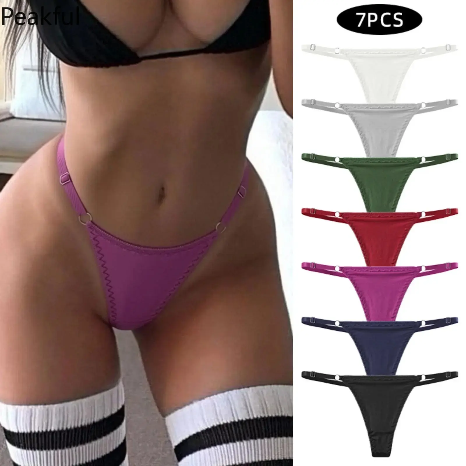 7Pcs Ribbed Thongs for Women, Sexy Metal Buckle G-String Multipack with Adjustable Fit & Invisible T-Back, Stretchy Low Rise Underwear Set for Gym, Yoga & Daily Comfort