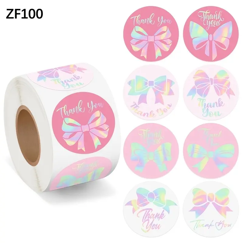 500 stickers/roll holographic waterproof pink bow stickers gift packaging baking roll stickers, packaging sealing stickers