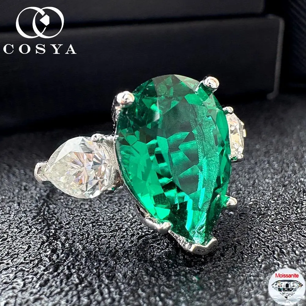 COSYA 6CT Pear Cut Lab Grown Colombian Emerald/Ruby Ring for Women S925 Silver With Moissanite 3 Stone Luxury Fine Jewelry Gifts
