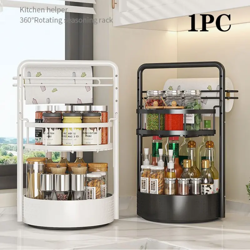 360-Degree Rotating Kitchen Spice Rack, Multi-Layer Condiment Organizer, Countertop Organizer, Adjustable Organiser, Adjustable Metal Rack, Includes Paper Towel Holder, Space-Saving Storage Solution