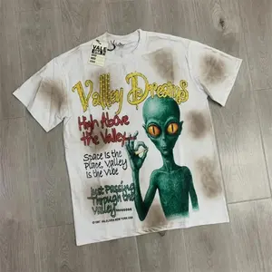 VALE USA Alien Valley Dreams Graphic T-Shirt White Distressed Space Streetwear Tee Oversized Heavyweight Y2K Hip Hop Crewneck Summer Men Fourth of July Outfit Trendy Top