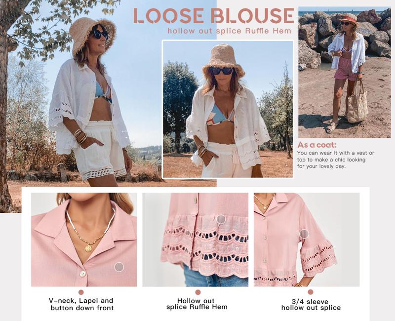 Danedvi Womens Casual Button Up Shirts Trendy Loose Hollow Out Ruffle Hem and 3/4 Sleeve Blouse Tops