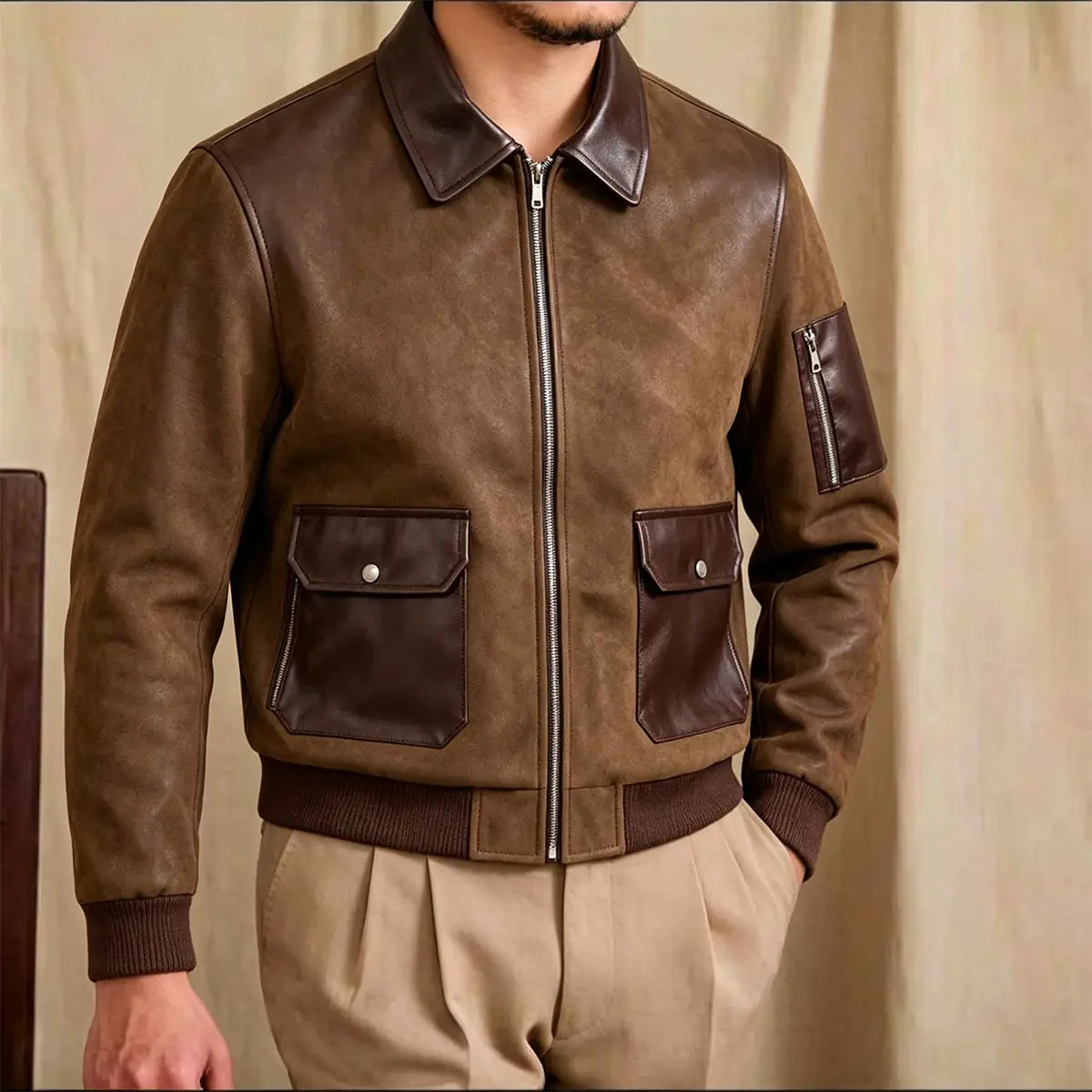 Men's Classic Retro Pilot Bomber Coat - Long Sleeve, Soft Fabric, Shiny Patch, Collar, Multi-Zipper Pockets, Knitted Ribbed Bottom, Casual Menswear Top