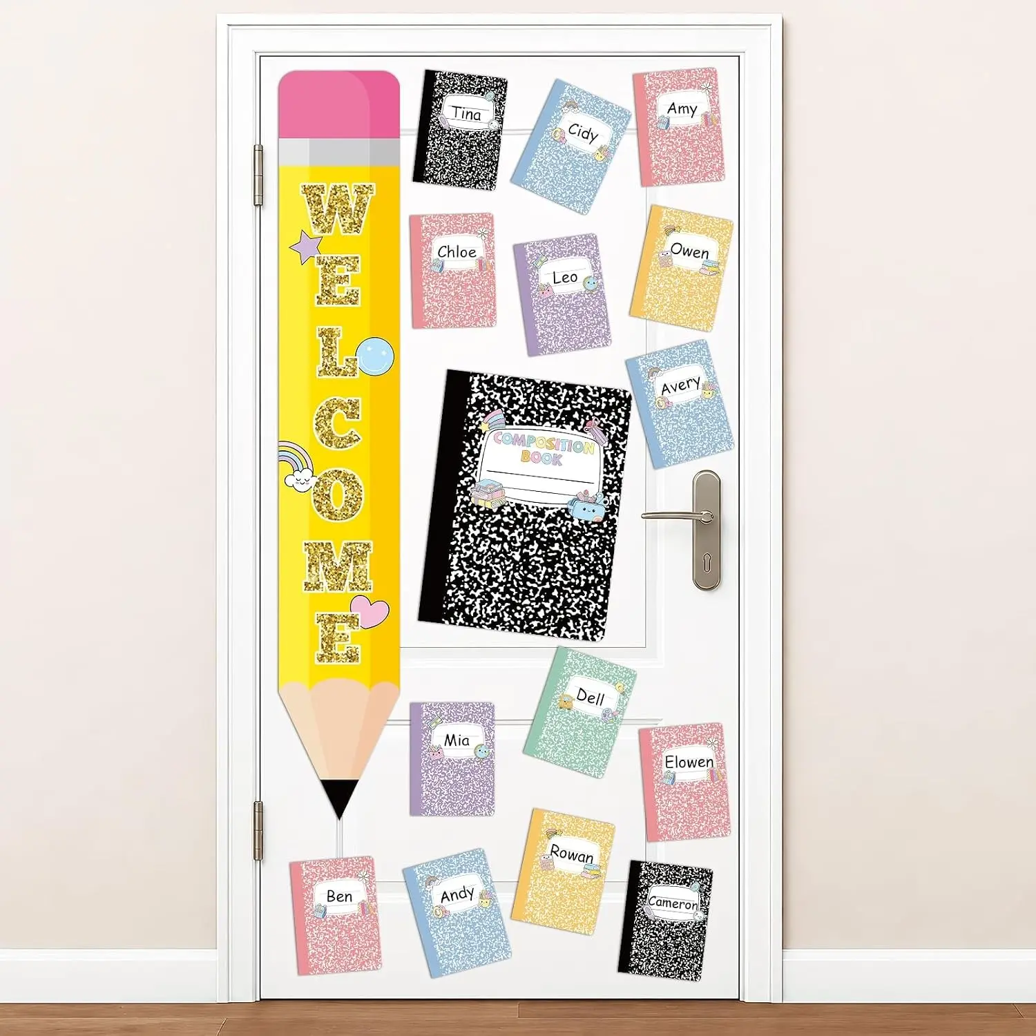 Welcome Classroom Door Decoration Set Our Class is On Point Cling Sticker Back to School Bulletin Board with Pencil Sign Colorful Composition Notebook Cutout for Window Door Wall Home Decor
